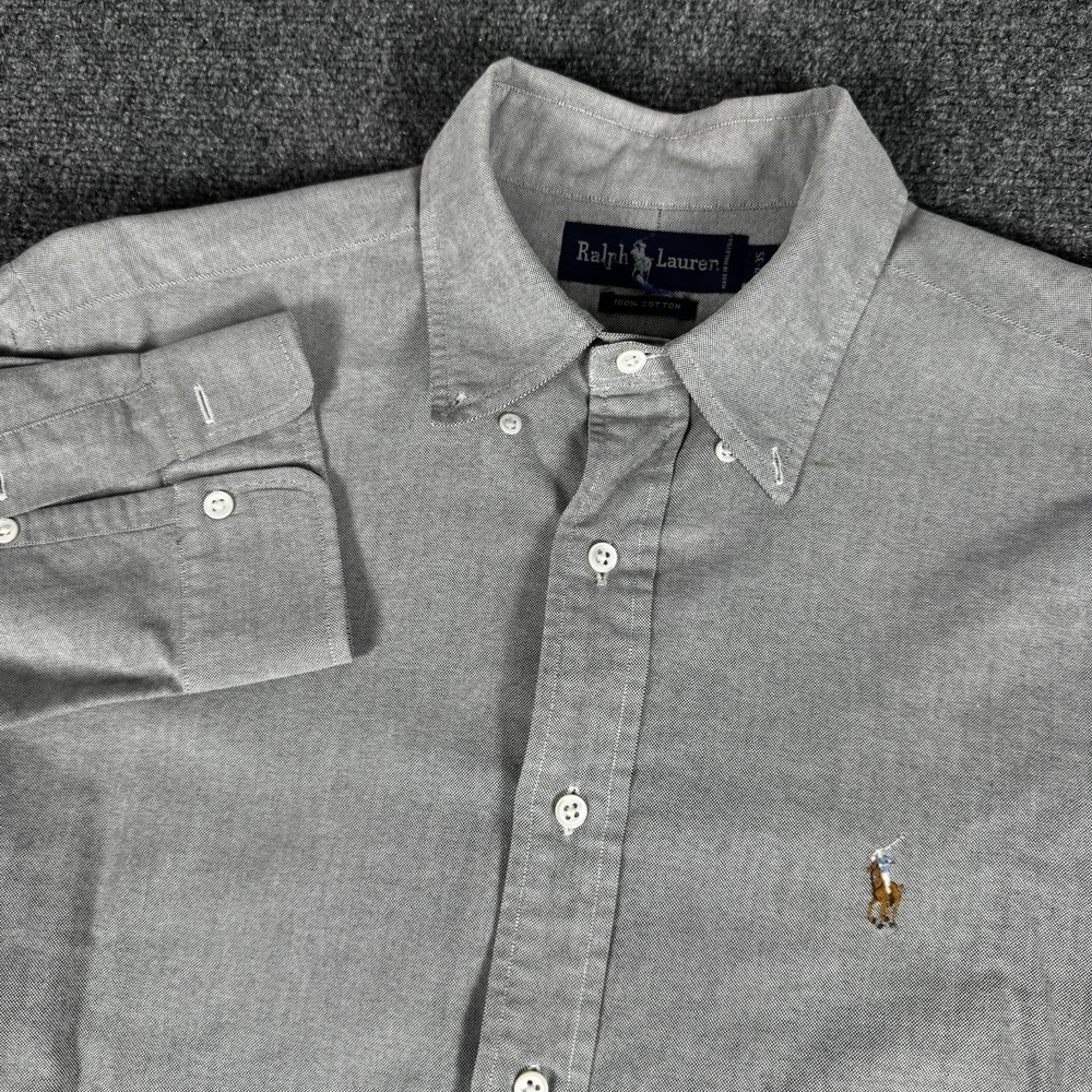 Ralph Lauren Mens 17-35 Gray Pinpoint Oxford Button Down Shirt Cotton